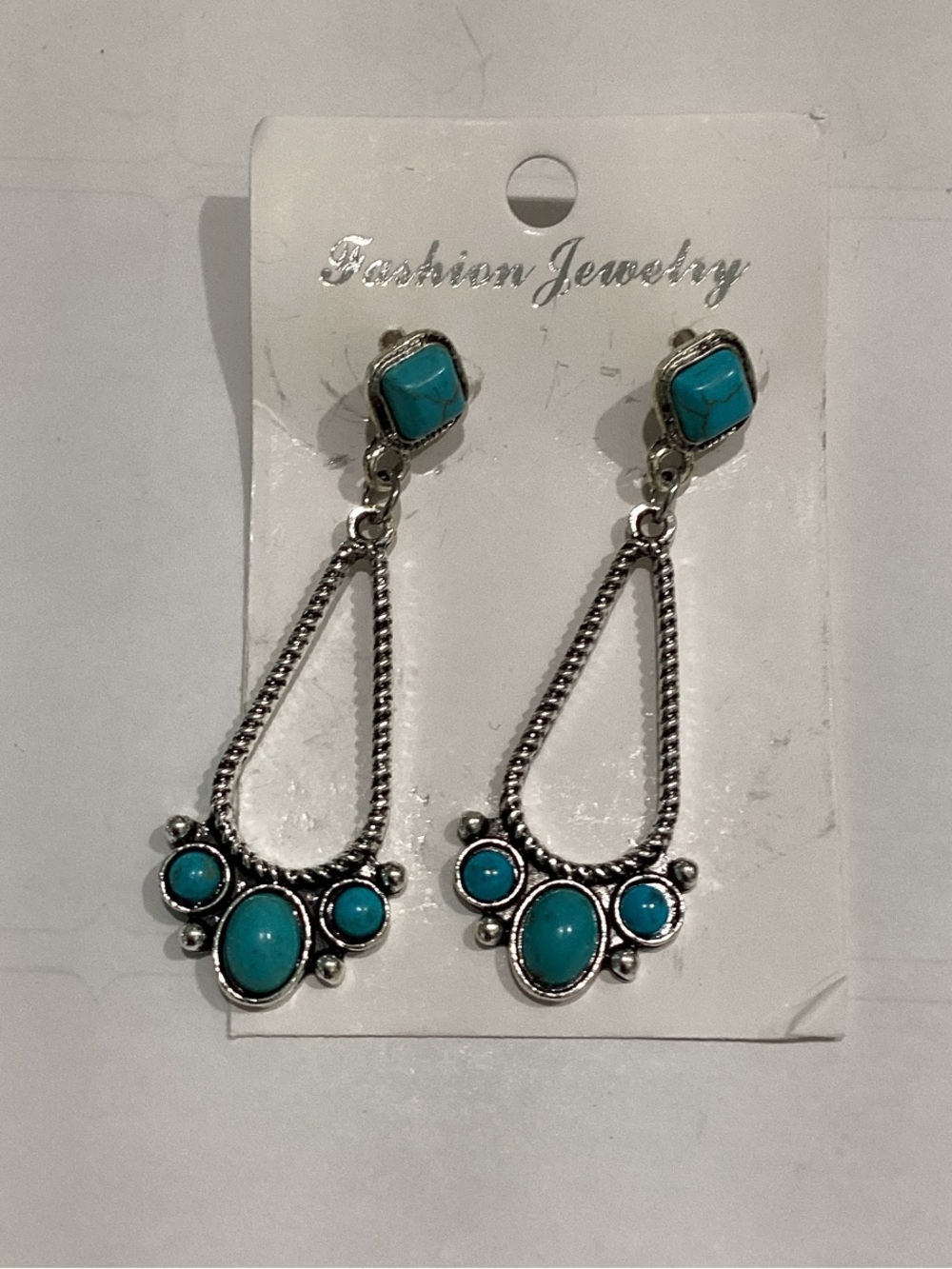 Fashion Jewelry Silver-Tone Teardrop‎ Earrings with Turquoise Stones